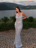 Blue Sequin Halter Cowl Neck Maxi Dress-Outfit