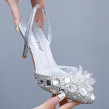 Cm Silver Light-Mouthed Pointed Sandals Water Drill Glass Fine Heel Sandals Large Wedding Shoes Bride Wedding Women's