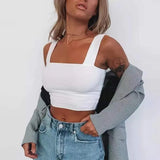 Square Neck Sleeveless Summer Crop Top White Women Black Casual Basic T Shirt Off Shoulder Cami Sexy Backless Tank
