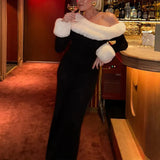 Off-shoulder Black Fur Trim Long Sleeve Maxi Bodycon Dress-Outfit