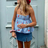 Blue Cherry Plaid Print Peplum Cami Top-Outfit
