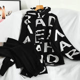 Women Knited Letter Sweater + Pants + Cape Long Scarf 3PCS Suits Knit Pullovers Cappa Wraps Wide Leg Trousers