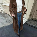 Brown Suede Long Belt Trench Coat-Outfit