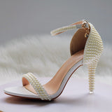Heel Sandals White Buckle Shoes Fine Heel Fish Mouth Roman Sandals White Pearl