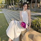 2022 Summer Solid Halter Knitted Backless Maxi Dress for Women Sexy Beach Holiday Vintage Tassels Robe New