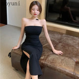 Summer Sexy Socialite Off-the-Shoulder Split Slim-Fit Sheath Fashionable Mid-Length One-Step Off-Neck Dress