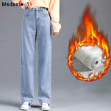 Jeans Women Warm Denim Trousers High Waist Casual Loose Female Denim Pants Thick Velvet Cotton Wide Leg Woman
