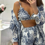 Zingj Women's 2024 New Vintage Shirt Sling Shorts Set Chinese Style Ink Printing Fashion Three-Piece Set-Outfit