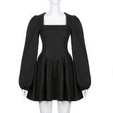 Elegant Chic Square Neck Vintage Puff Sleeve Black Women Mini Dress French Sexy Casual Party StreetWear New Year