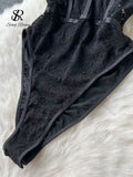 Halter Sexy Bodysuits Ladies Lace Floral Slim Short Rompers 2023 Fashion Women Perspective Club Black