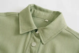 Green Cotton Shirt Jacket Button Down Loose Coat Women Long Sleeve Pockets Jacket