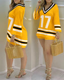 Women Plain Bell Sleeve V-Neck Long Casual Loose Top &amp; Shorts Set Casual Summer Solid Streetewar Suit