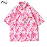 Women Colorful Sweet Heart-print Short Sleeve Chain Stylish Summer Turn-down Collar Candy Color Holiday Leisure Baggy