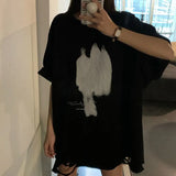 2022 Women's Hole Printed Short Sleeve Harajuku Streetwear Oversized Tee T Shirt Casual Loose All-match Basic Top
