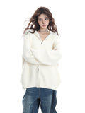 Autumn White Double Zipper Hooded Stingy Sweater Cardigan Soft Mashed Sweet Hot Girl