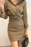 Slim Temperament Polo Collar Long Sleeve Mini Dress for Women Wrap Hip Korea Fashion Casual Sexy Vestidos Autumn