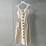 Summer 97%Cotton Camisole Dress Beach Midi Dresses with Pockets Front Button Sundress Stretch