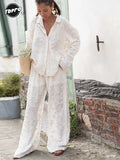 Solid Applique Flower Pant Sets Women Fashion Long Sleeves Buttons Shirt Wide Leg Pants Suits New Office Lady