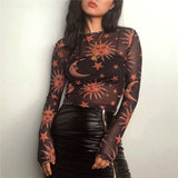 Moon Printed Transparent Mesh Sexy T-Shirt Women O-Neck Long Sleeve Slim Basic Casual Female Tops 2021 Spring