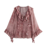 Spring/Summer Blouse With V-Neck Folding Animal Pattern Printed Women's Long-Sleeved
