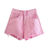 Women Fashion Side Pockets Frayed Hem Denim Shorts Vintage High Waist Zipper Fly Female Jeans
