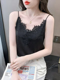 Korean Fashion Silk Women Camis Streetwear Satin Sexy Tops Lace Sleeveless White Female Tank Tops Blouse OL Woman
