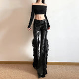Summer High-Rise Street Fashion Hottie Mesh Splicing Design PU Leather Trumpet Trousers