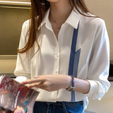 Han Queen New Blouse Women Spring Autumn Single Breasted Turn-down Collar Shirts Office Work Blouse Chiffon Vintage Loose