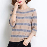 autumn Korean style ice silk striped print loose sweater women 3/4 sleeve casual fashion knitting pullover female