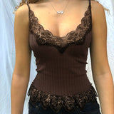 SUCHCUTE Goth Aesthetic Lace Patchwork Tank Tops For Women Sexy V-Neck Brown Retro Crop Tops Summer 90s Fashion Casual