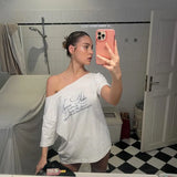 Summer New Women's Street Fashion Letter Print Slanted Shoulder Short-Sleeved Loose T-Shirt