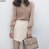 Winter Spring New Long Sleeve Button Knitted Blouses Female Fashion V-neck Solid Color Shirts Loose Casual Tops