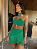 Sexy Tassel Women Two Piece Skirt Halter Lace Bra Tassel Mini Skirt Suit Beach Vacation Casual Female Bathing Suit