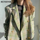 Vintage Loose Women Jacket Plaid Blazer Autumn Chic Double Breasted Female Long Suit Jackets Stylish Ladies