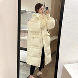 High-End Long Down Jacket Female 2024 Winter New Korean Version Fashion Thickened Large Pocket Over The Knee Warm Coat Large Size-Outfit