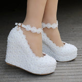 Lace Wedding Shoes Slope Heel Single Shoes Buckle With Slope Heel Shoes Waterproof Table Large Size