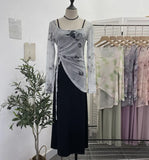 Dizzling U-Neck Rope Long-Sleeved Mesh Yarn Coat + Sling On The Back Of The Long Dress Two Sets