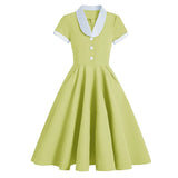 Patchwork Summer Women Swing Pin Up 50s Dresses Green Blue Yellow Fashion Pure Color Casual Elegant 50s Swing Flare