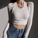 Vintage Khaki Women T Shirt Fashion Front Buckle Cropped T-shirt Slim Tops Y2k Sexy Long Sleeve Women Tee Tops