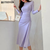 Elegant Slash Neck Ladies Mid-length Dress 2021 Spring Ruched Slim Waist A-line Dress for Women Casual Vestidos
