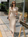 Summer Women Korean Style Retro Knit Midi Dresses Set Women Elegant Female Clothing Robe