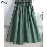 2021 Fashion Autumn Cotton Midi Skirt Women Korean Style Green Mid-Length High Waist A Line Skirt Female With