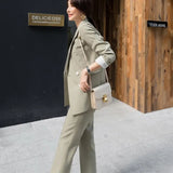 Women Suit 2 Piece Sets Casual Blazer High Waist Pants Office Lady Notched Jacket Pants Suits