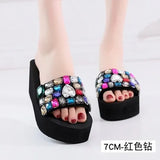 Shoes Women 2019 Summer High Platform Sandals Wedge Flip Flops Slope Handmade Slippers Female Crystal Flower