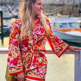 Fashion Red Floral Print Bow Tie Smock Women Shirt Casual Summer Blouse Hot Shorts 2 Pieces Female Suit Streetwear