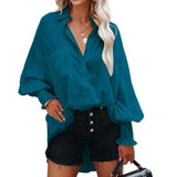 Autumn Streetwear Solid Loose Casual Shirt Female Lantern Long Sleeve Beach Holiday Blouse Button Up All-match Blusa