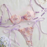 Ribbon Tie Up Embroidery Flower Half Cup Lingerie Set- Outfit