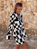 2021 V Neck Plaid Print Mini Bodycon Dress Party Women Elegant Long Sleeve Sexy Autumn Winter Shirt Dresses Casual