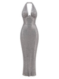 Halter Deep V Neck Sequin Maxi Dress- Outfit