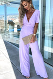 Jumpsuit Sexy Slim High Waist Short Sleeves Ruffle V-neck Pleated Wide Leg Overalls Women Jumpsuits One Piece